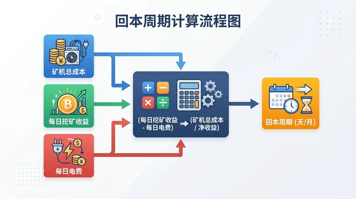 回本周期计算流程图：从矿机总成本、每日挖矿收益、每日电费三个输入，经过公式计算得出回本周期，用箭头和图标展示