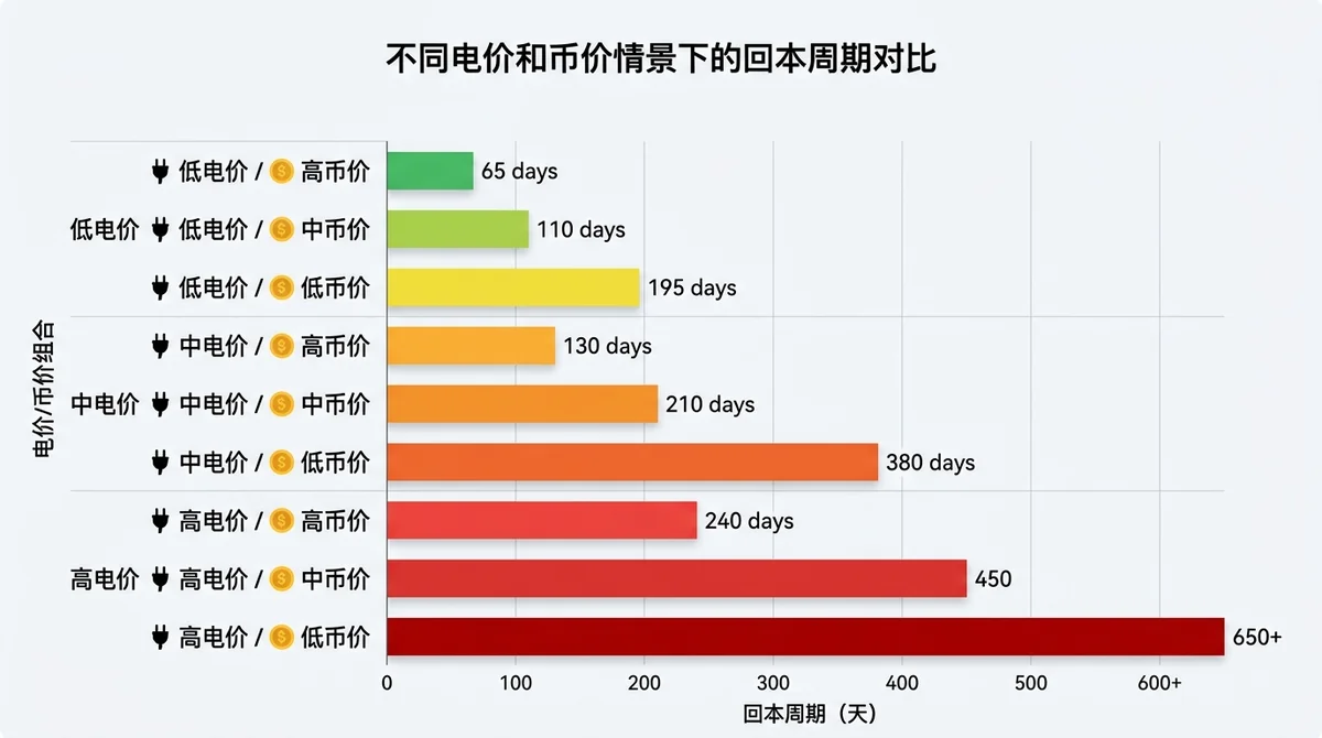 不同电价和币价情景下的回本周期对比柱状图，展示低/中/高电价与不同币价组合的回本天数