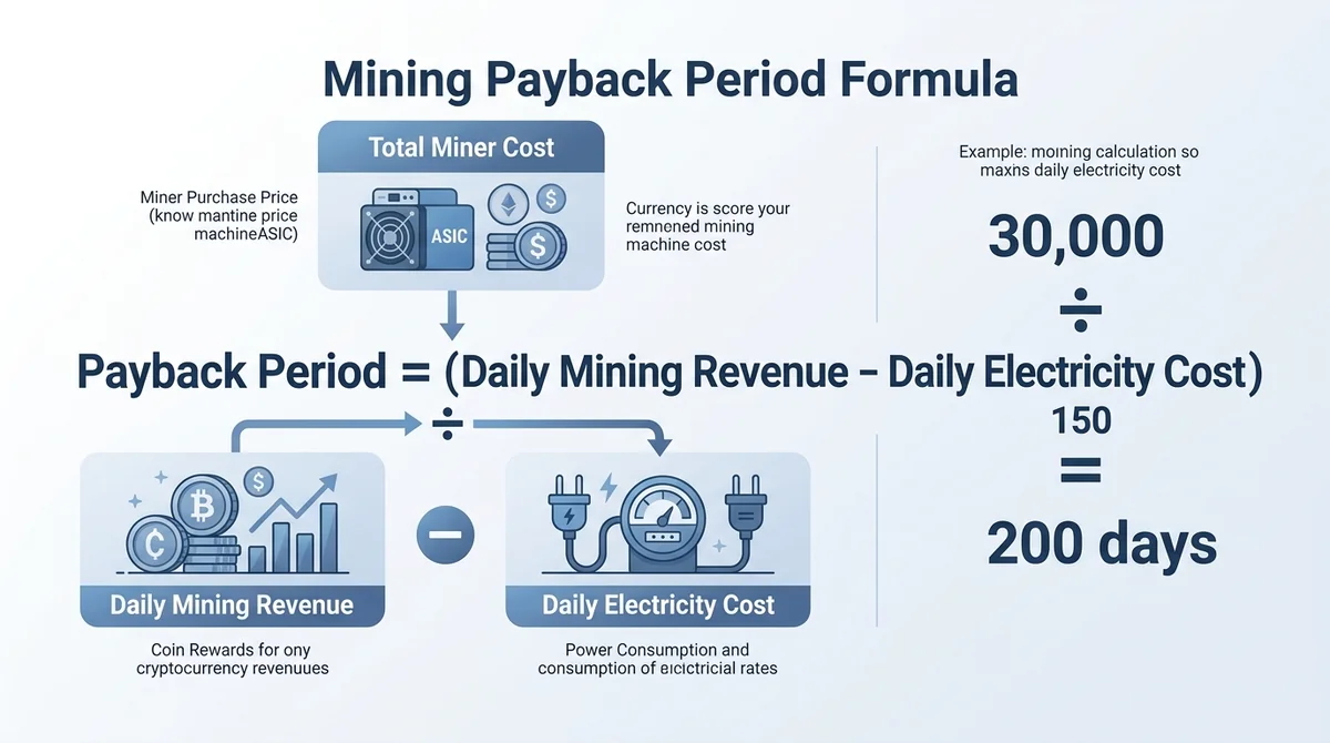 Wide 16:9 horizontal infographic, clean flat design, central formula 'Payback Period = Total Miner Cost ÷ (Daily Mining Reven