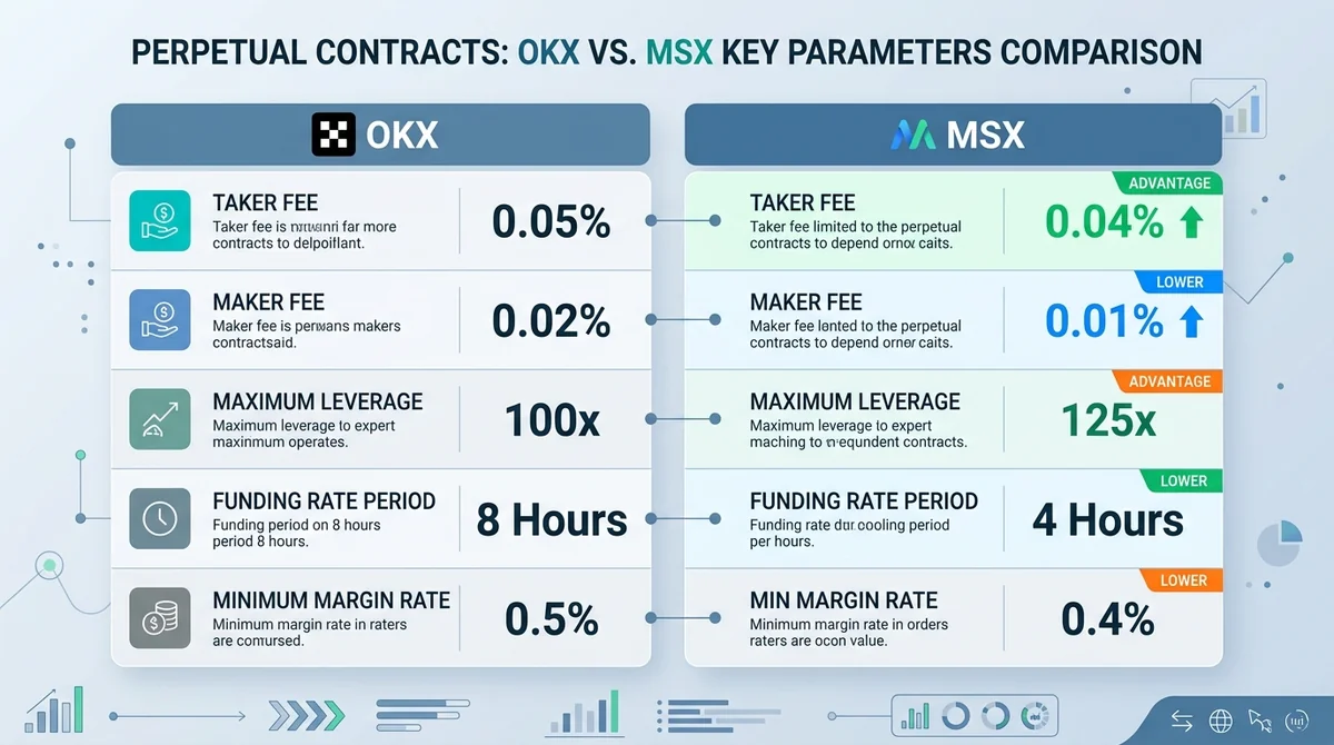 OKX与MSX永续合约关键参数横向对比柱状图或双列对比卡片:展示taker费率、maker费率、最大杠杆倍数、资金费率周期、最小保证金率,突出MSX在费率上的优势数据