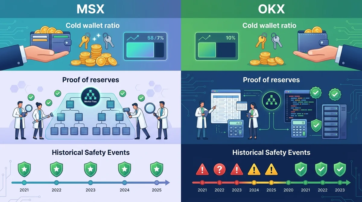 MSX和OKX安全措施对比图，展示冷钱包比例、储备金证明、历史安全事件等