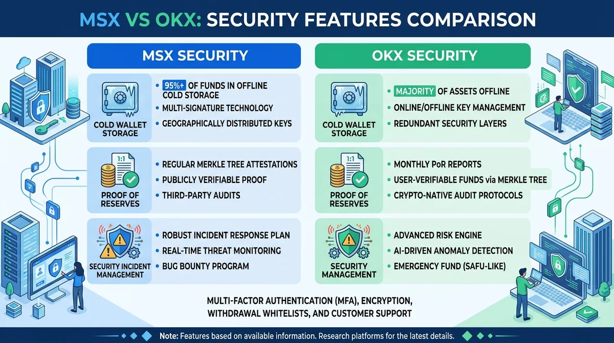 Wide 16:9 horizontal infographic, two columns comparing MSX and OKX security features, icons for cold wallet, proof of reserv