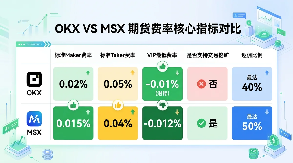 OKX vs MSX 期货费率核心指标对比表格图：行为两平台，列为标准Maker费率、标准Taker费率、VIP最低费率、是否支持交易挖矿、返佣比例，数据以不同色块区分优劣