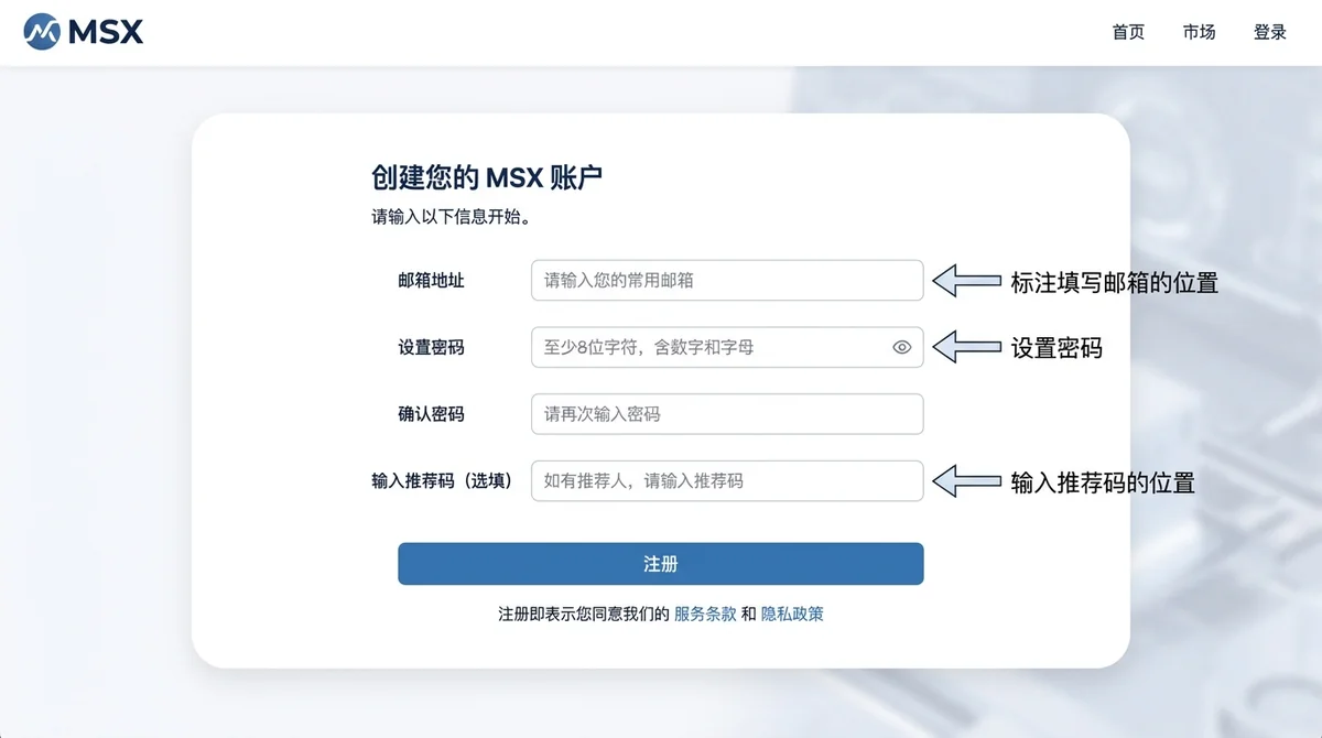 MSX注册页面截图，标注填写邮箱、设置密码、输入推荐码的位置