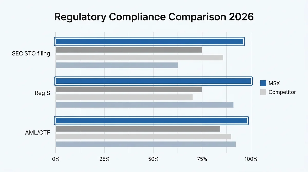Wide 16:9 horizontal bar chart, title 'Regulatory Compliance Comparison 2026', x-axis: compliance categories (SEC STO filing,