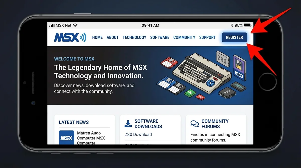 Mobile screenshot of MSX official website homepage, 'Register' button prominently highlighted with a red arrow, clean interfa
