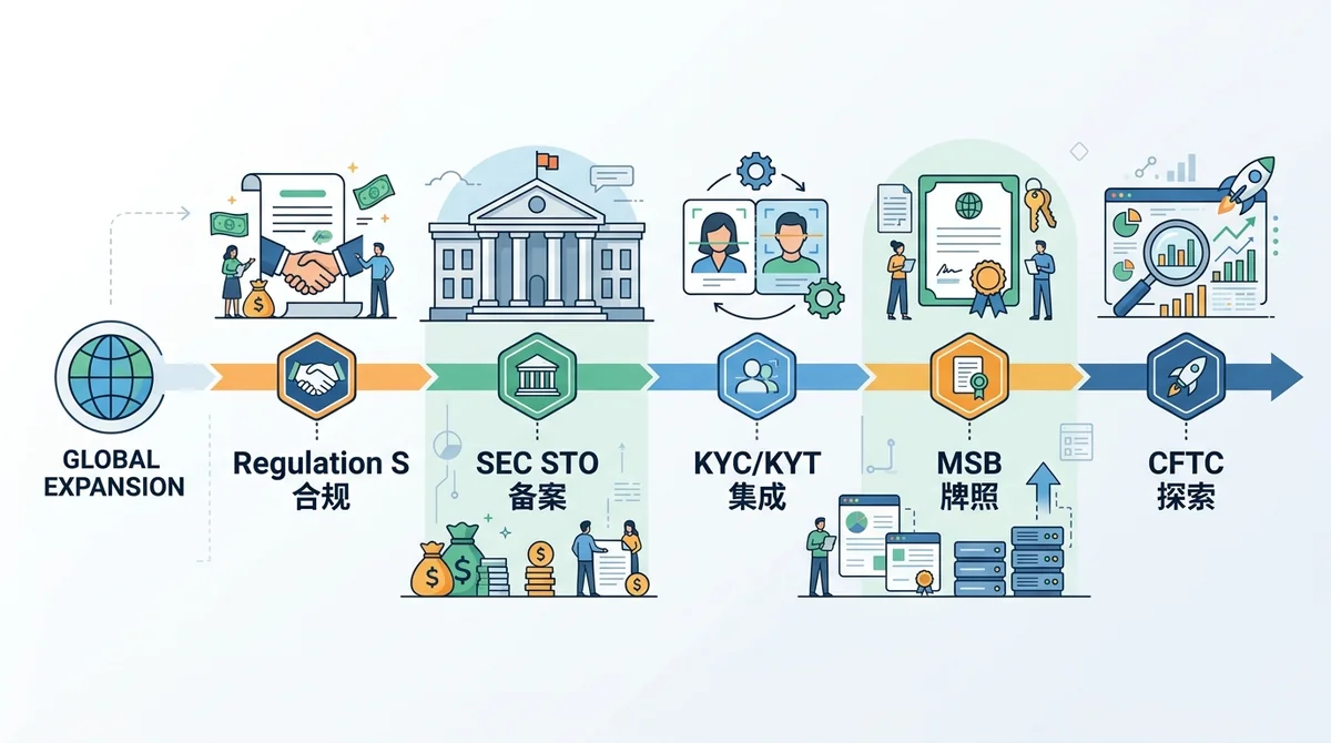 MSX合规资质时间线:展示SEC STO备案、Regulation S合规、KYC/KYT集成、MSB牌照、CFTC探索等里程碑
