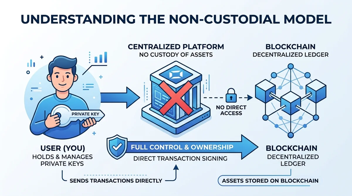 Wide 16:9 horizontal infographic, non-custodial model diagram with user icon holding key, platform icon crossed out, blockcha