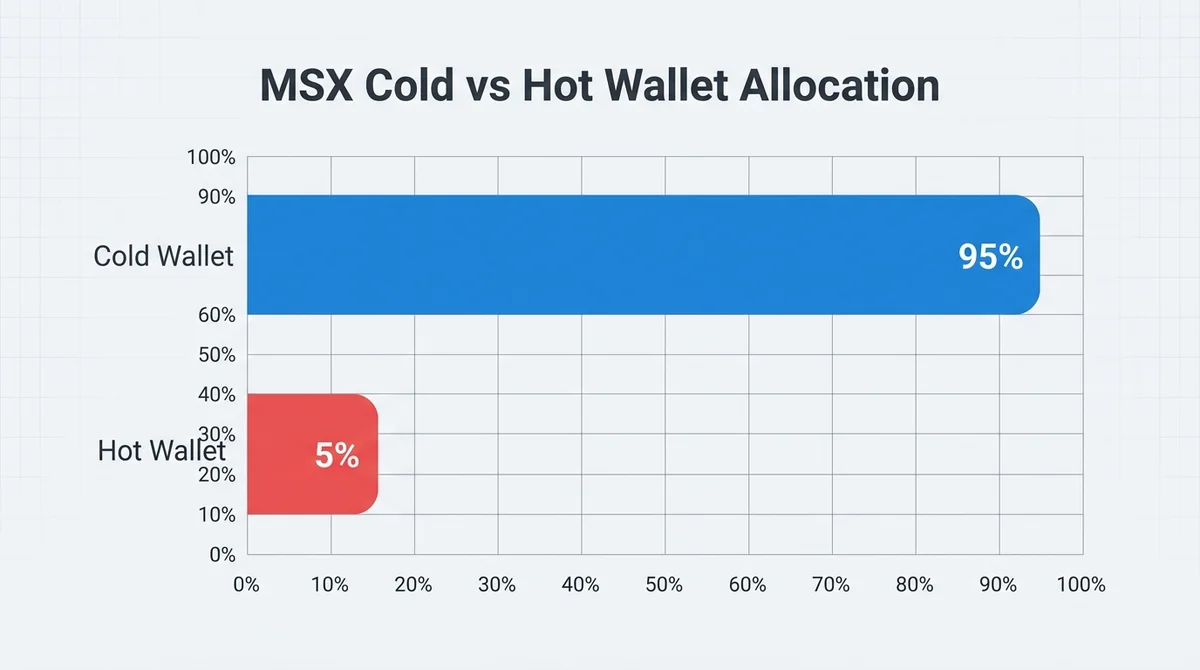 Wide 16:9 horizontal bar chart, two bars representing cold wallet 95% and hot wallet 5%, blue and red colors, clear percentag