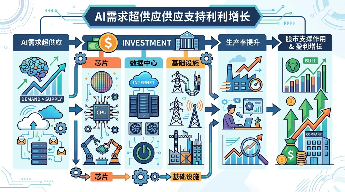 AI 需求超供应支撑盈利增长信息图：展示芯片、数据中心、基础设施三大投资领域，以及生产率提升对股市的支撑作用，用流程图和图标呈现