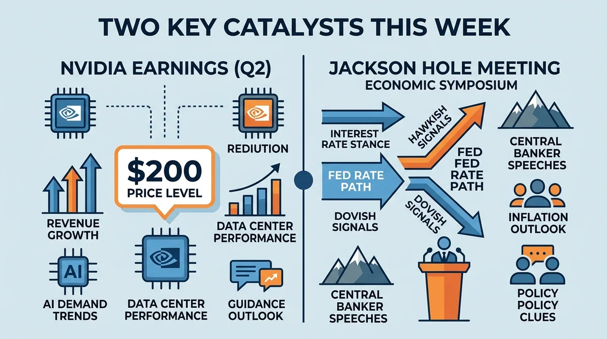 Wide 16:9 horizontal comparison chart, two main columns for Nvidia earnings and Jackson Hole meeting, central divider, bold E