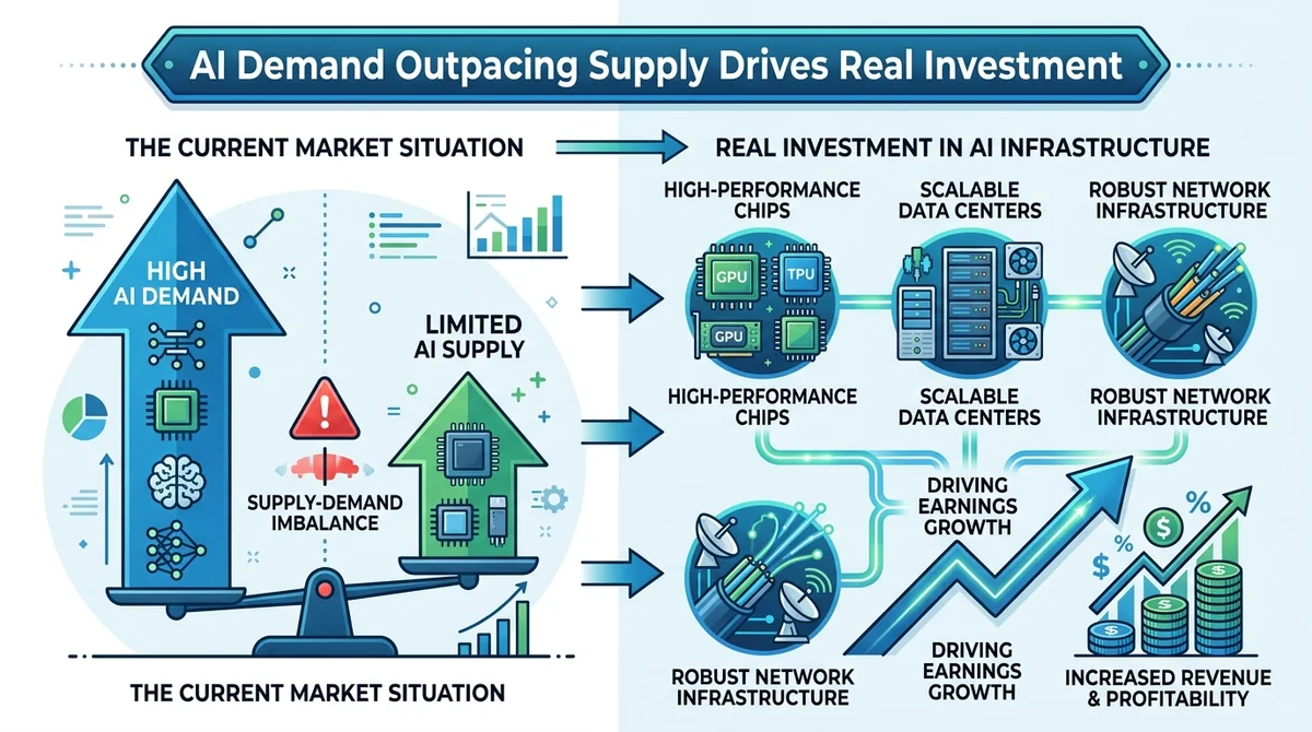 Wide 16:9 horizontal infographic, left side AI demand arrow larger than supply arrow, right side three icons for chips, data