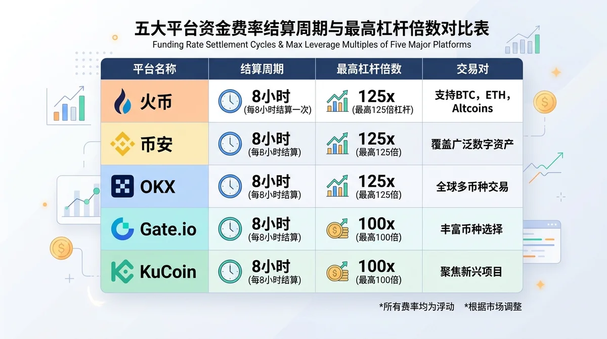 五大平台资金费率结算周期与最高杠杆倍数对比表