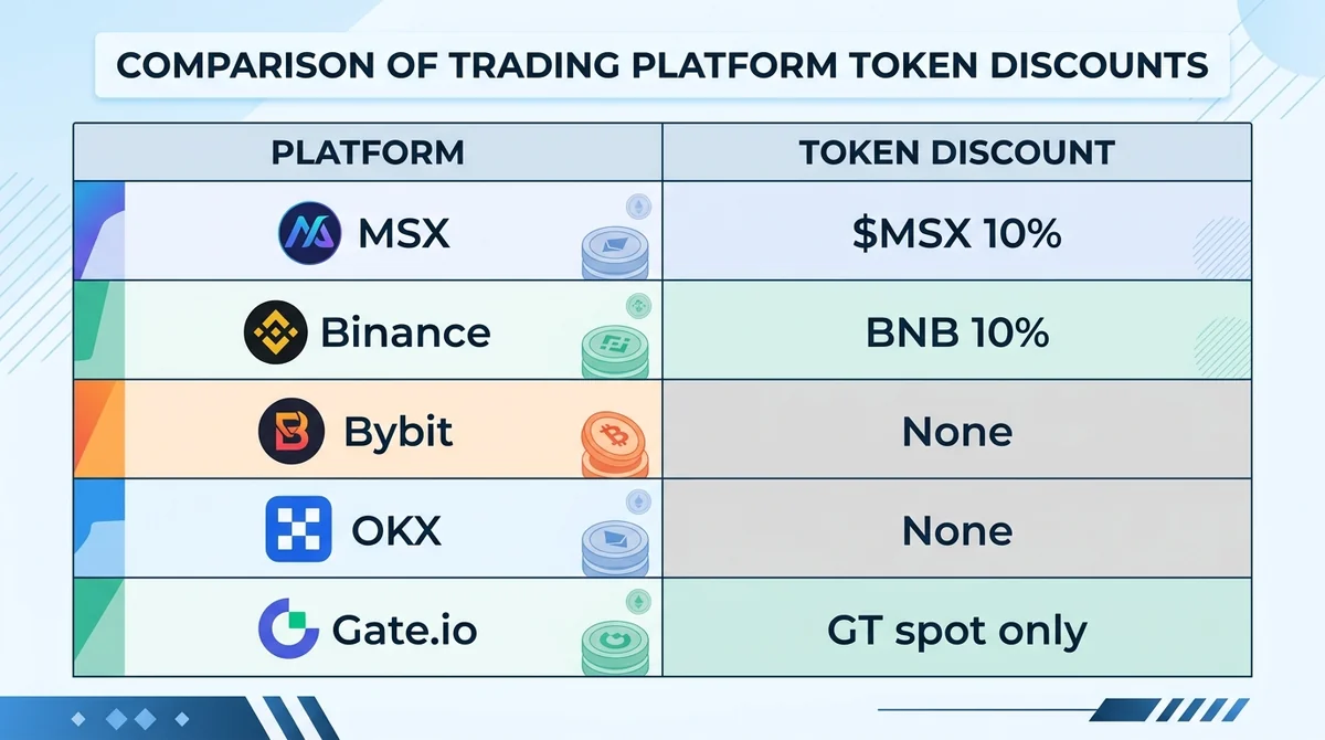 Wide 16:9 horizontal table infographic, columns: Platform, Token Discount, rows for MSX ($MSX 10%), Binance (BNB 10%), Bybit