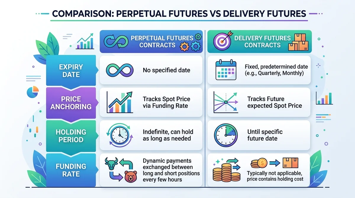 Comparison table of perpetual futures vs delivery futures: rows include expiry date, price anchoring, holding period, funding