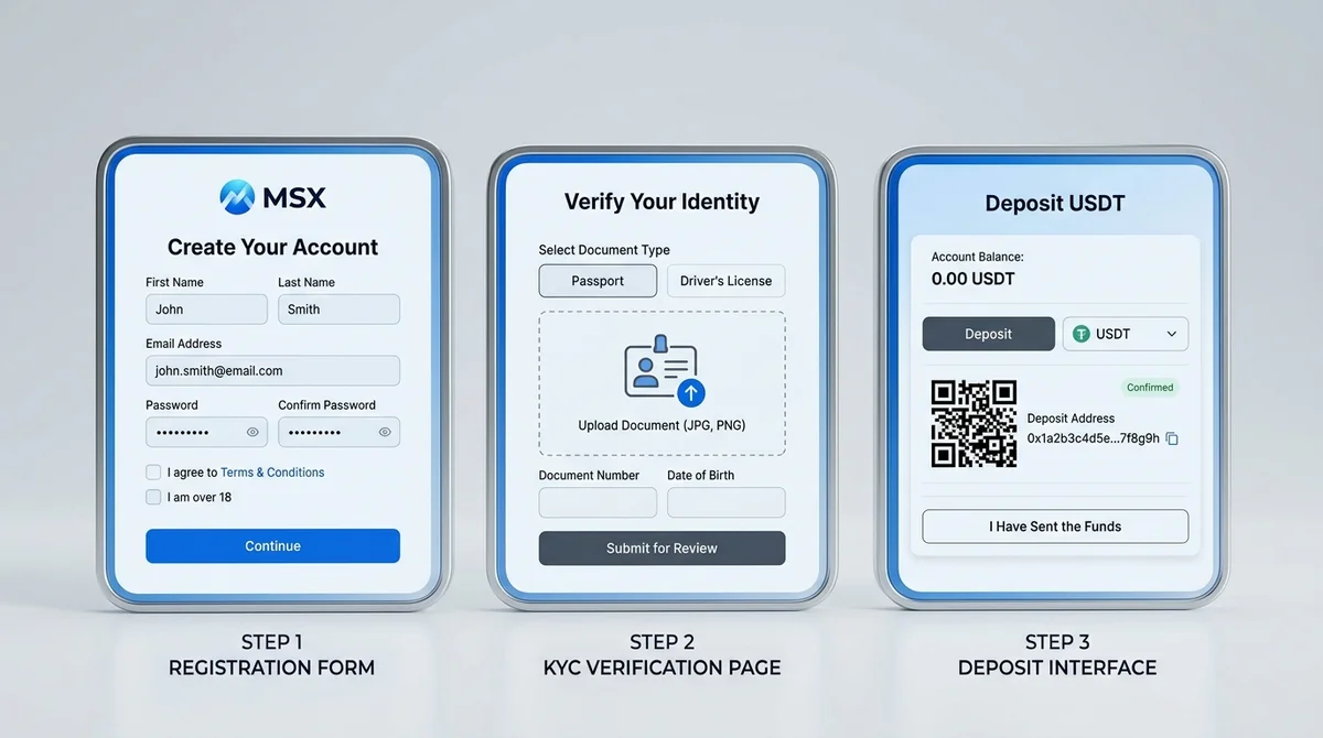 Step-by-step screenshots of MSX account opening: registration form, KYC verification page with document upload, and deposit i