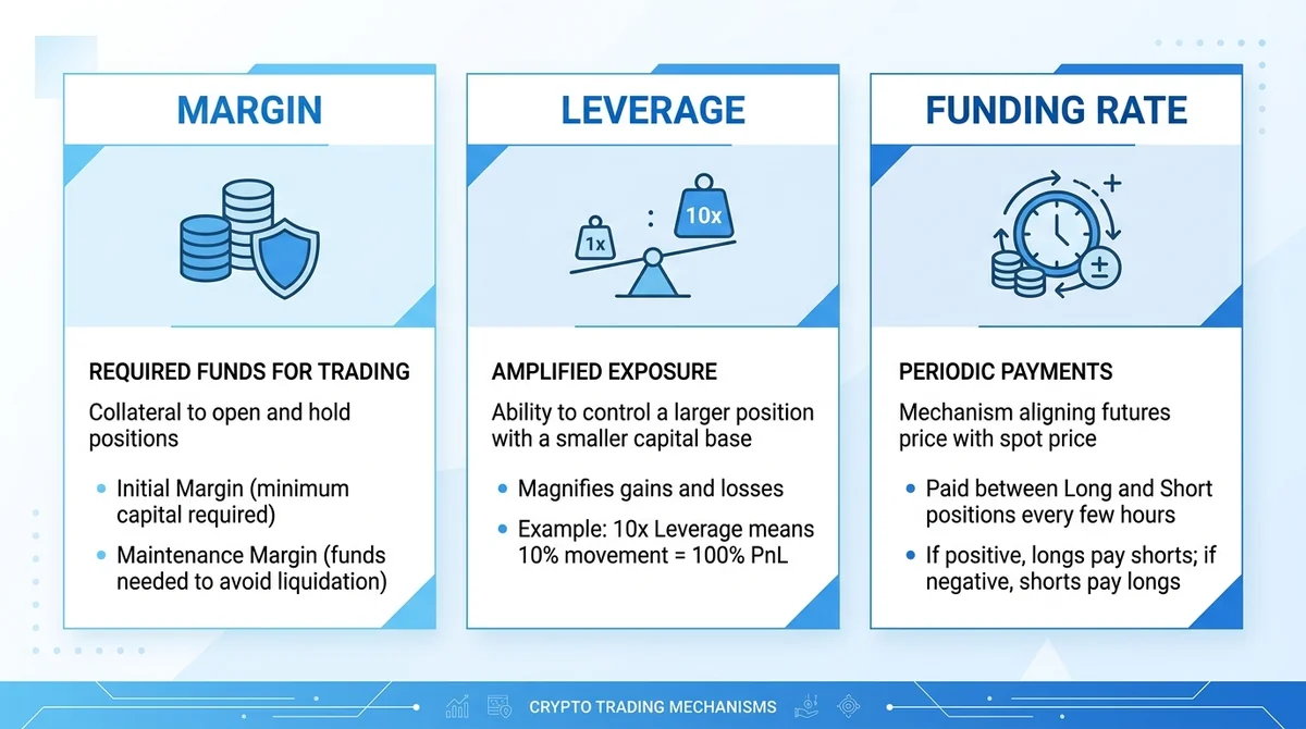 Wide 16:9 horizontal infographic, three sections labeled Margin, Leverage, Funding Rate with simple icons and short English d
