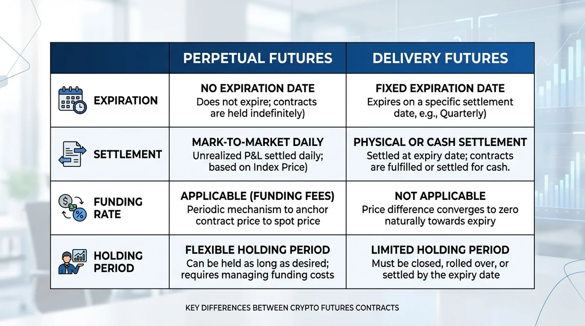 Wide 16:9 horizontal comparison table, two columns labeled Perpetual Futures and Delivery Futures, rows for Expiration, Settl
