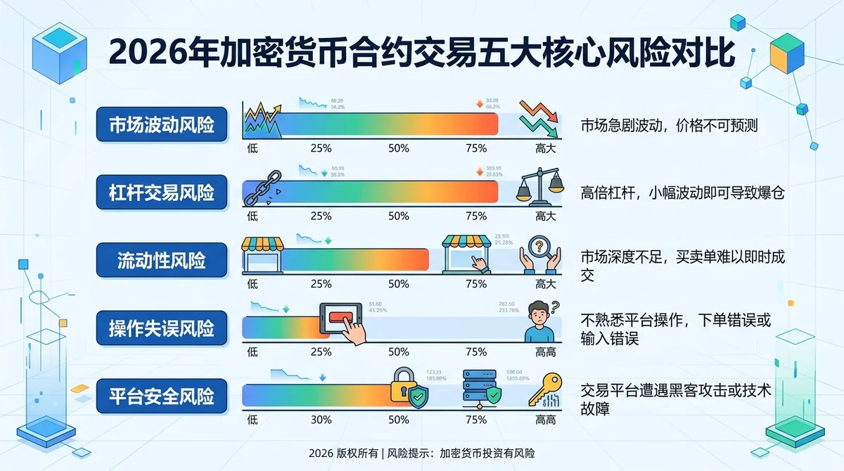 2026年加密货币合约交易五大核心风险对比图：横向条形图展示市场波动、杠杆、流动性、操作失误、平台安全的风险等级，标注具体风险描述