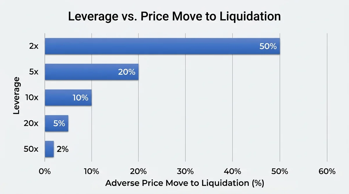 Horizontal bar chart, x-axis 'Leverage', y-axis 'Adverse Price Move to Liquidation (%)', bars for 2x (50%), 5x (20%), 10x (10