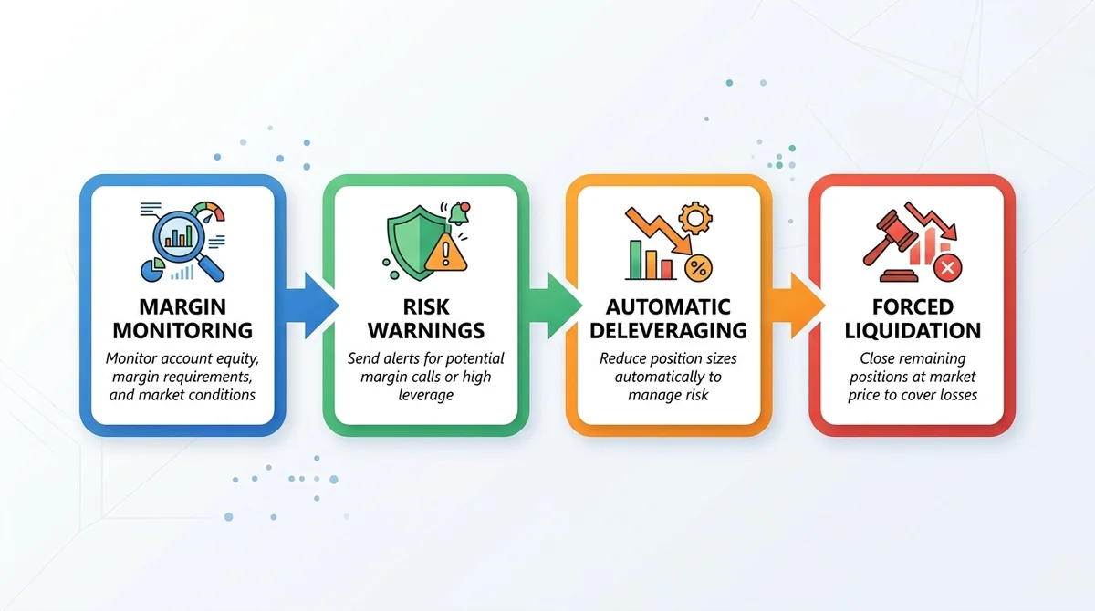 Flow diagram with four boxes connected by arrows: Margin Monitoring, Risk Warnings, Automatic Deleveraging, Forced Liquidatio
