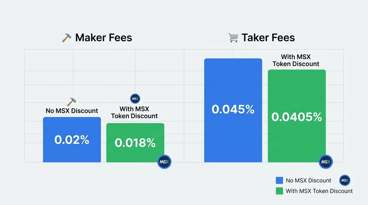 Bar chart comparing maker and taker fees for MSX perpetual futures, with and without MSX token discount, showing 0.02% maker,