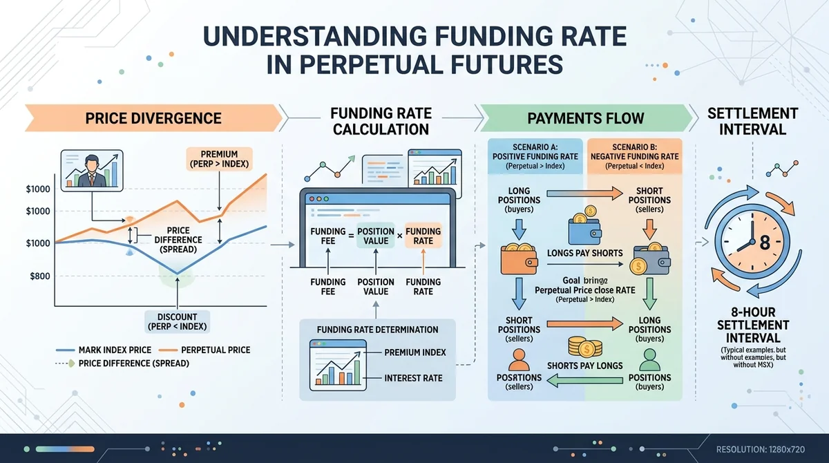 Infographic explaining how funding rate works in perpetual futures: shows price divergence, longs paying shorts, and formula