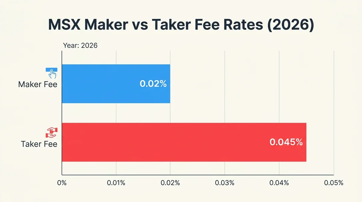 Horizontal bar chart comparing MSX maker fee 0.02% and taker fee 0.045% in 2026, bars in blue and red, value labels on each b