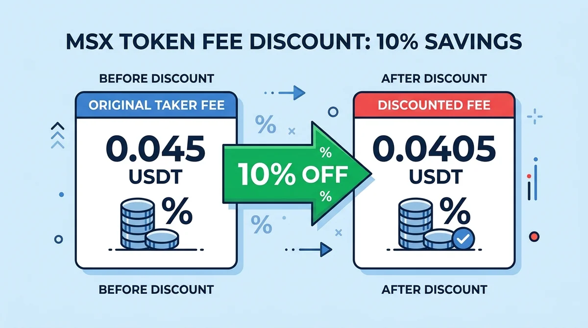 Flat style infographic illustrating 10% MSX token fee discount, before and after comparison: original taker fee 0.045 USDT, d
