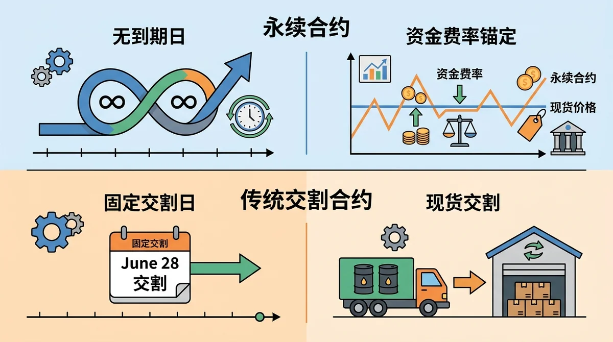 永续合约与传统交割合约对比图：无到期日 vs 固定交割日、资金费率锚定 vs 现货交割