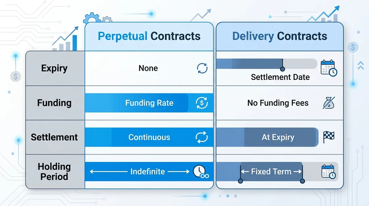Horizontal bar comparison chart, two columns labeled 'Perpetual Contracts' and 'Delivery Contracts', rows for expiry, funding