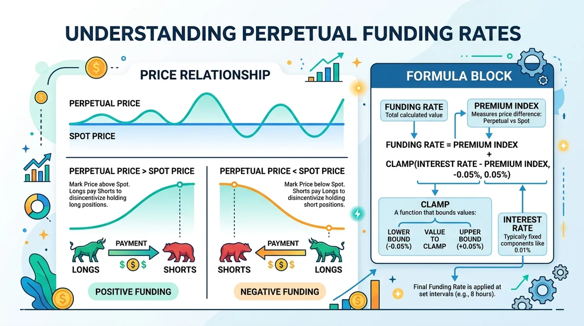 Wide horizontal infographic, center diagram showing perpetual price above/below spot, arrows indicating payment direction bet