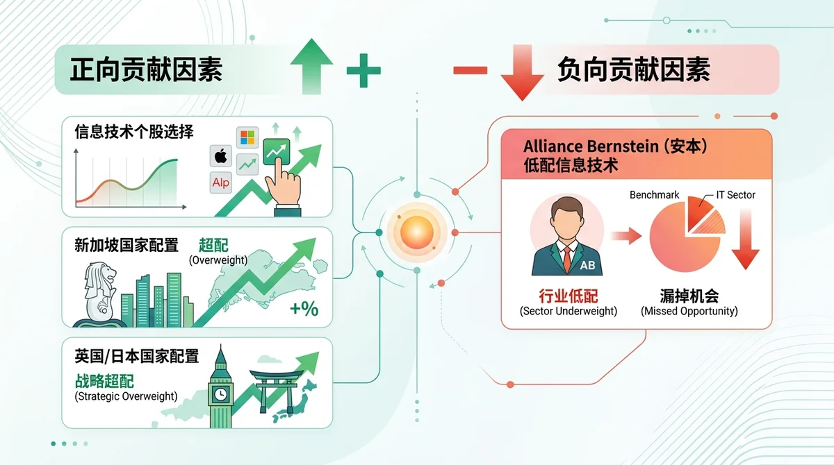信息图总结该基金跑赢基准的贡献因素:左侧列出正贡献(信息技术个股选择、新加坡/英国/日本国家配置),右侧列出负贡献(Alliance Bernstein 低配信息技术),用箭头和颜色区分