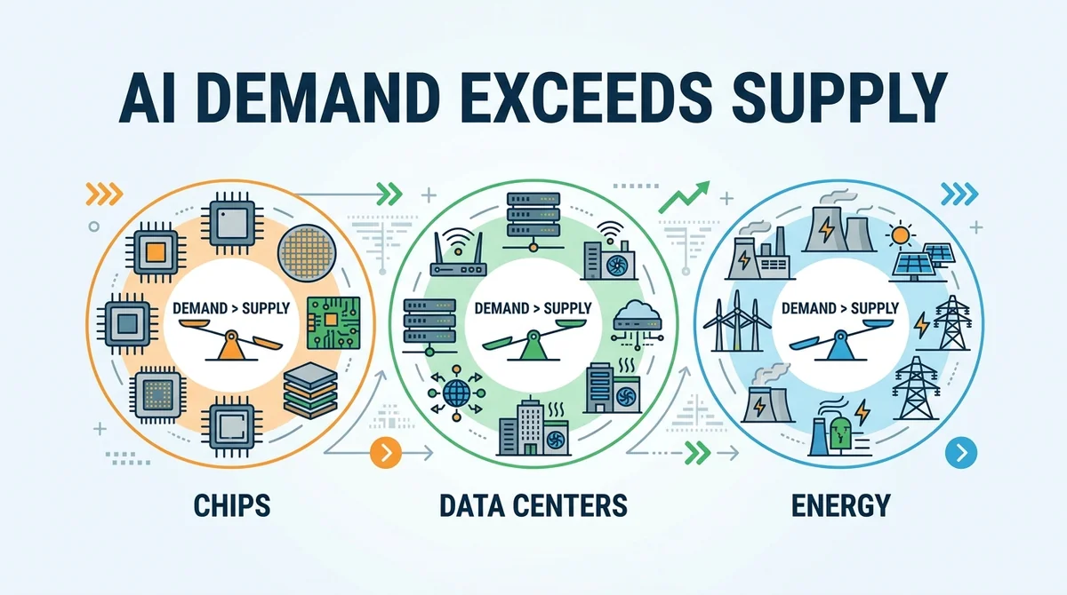 Wide 16:9 horizontal infographic, three circular icon clusters for chips, data centers, and energy, each with short English l