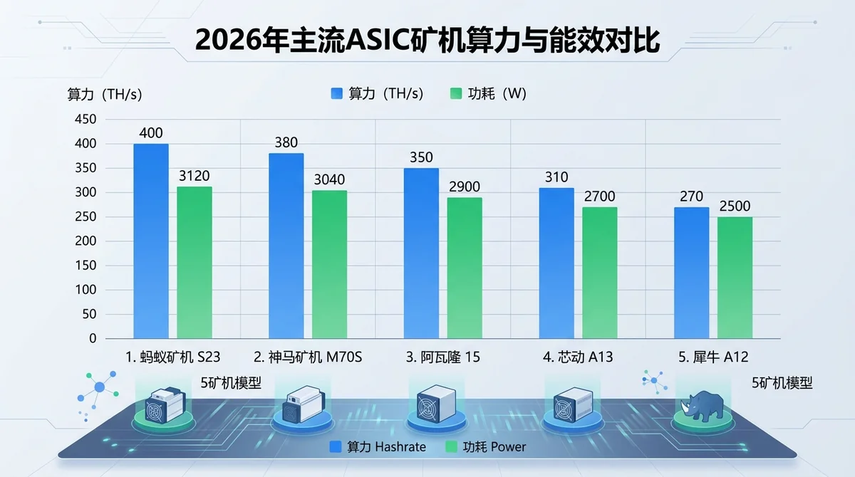 2026年主流ASIC矿机算力与能效对比柱状图，展示5款代表性矿机的算力（TH/s）和功耗（W），标注型号