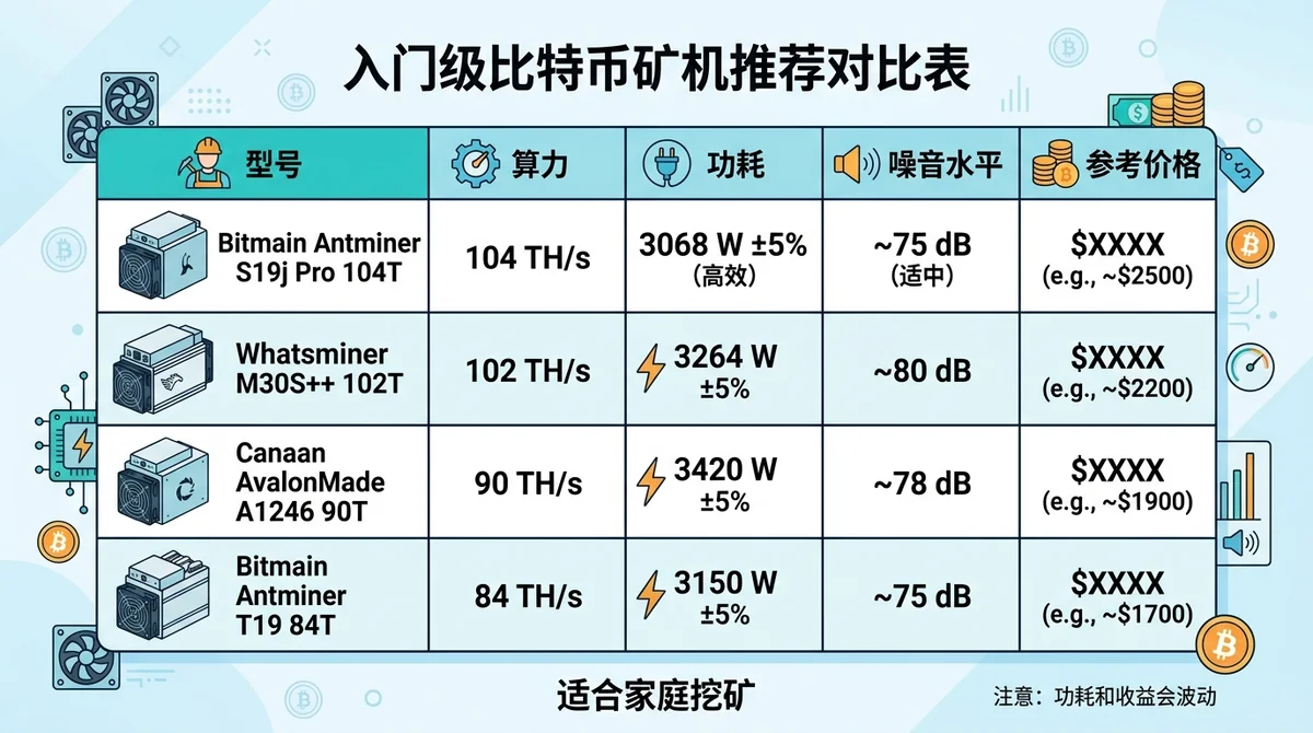 入门级比特币矿机推荐对比表：列出3-4款低功耗矿机的型号、算力、功耗、噪音水平和价格，适合家庭挖矿