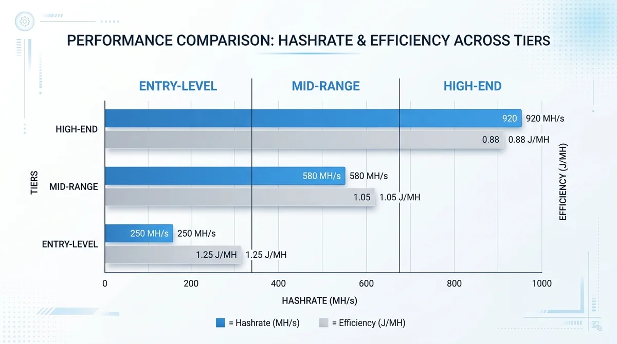 Wide 16:9 horizontal bar chart, three groups (entry-level, mid-range, high-end) showing hashrate and efficiency, clear Englis