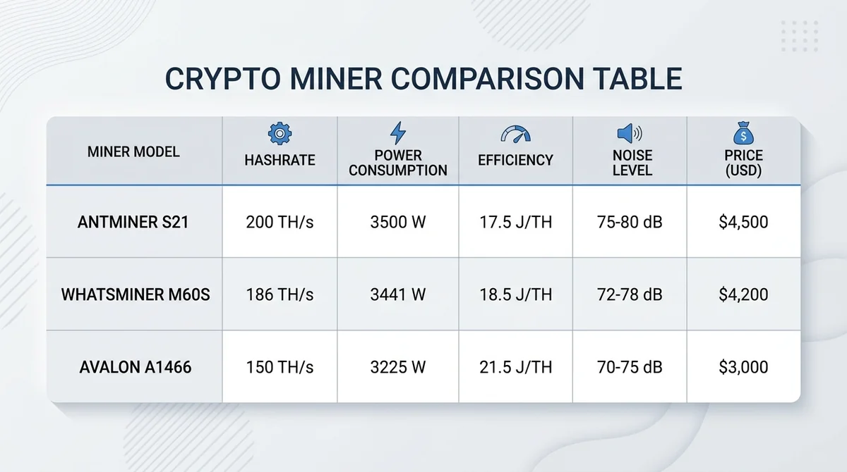 Wide 16:9 horizontal comparison table, three rows for Antminer S21, Whatsminer M60S, Avalon A1466, columns for hashrate, powe