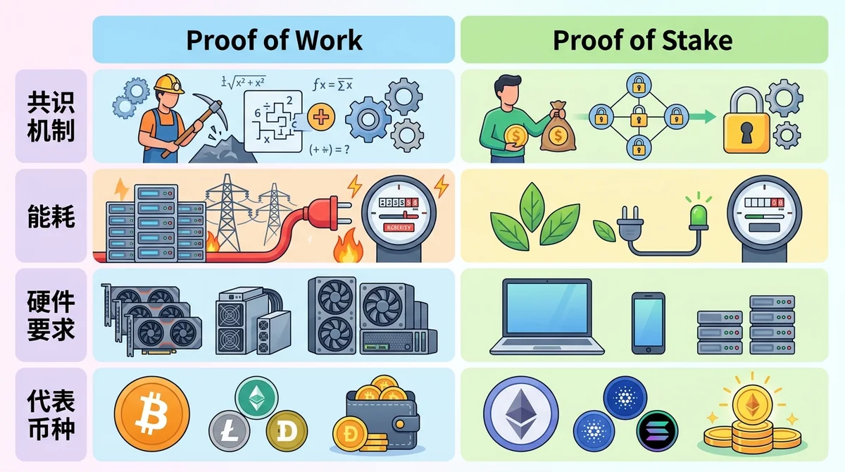 PoW与PoS对比表：展示共识机制、能耗、硬件要求、代表币种等维度
