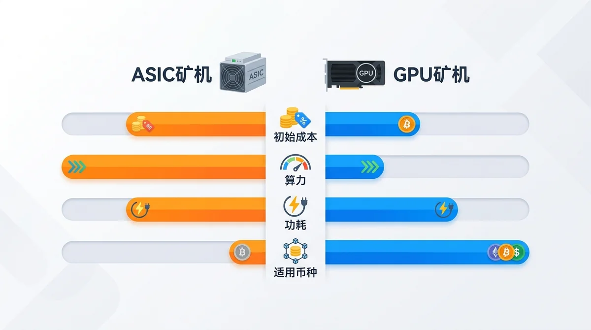 ASIC矿机 vs GPU矿机对比柱状图：展示初始成本、算力、功耗、适用币种