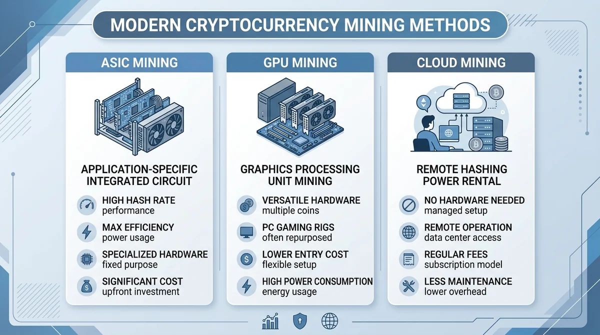 Wide 16:9 horizontal infographic, three columns showing ASIC, GPU, and cloud mining with simple flat icons and short English
