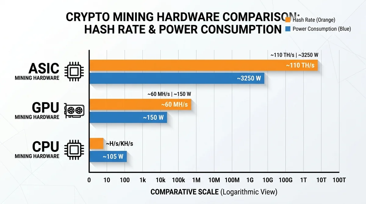 Horizontal bar chart comparing hash rate and power consumption of ASIC, GPU, and CPU mining hardware, clear English axis labe