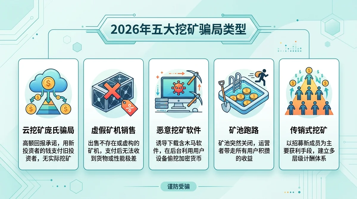 2026年五大挖矿骗局类型信息图:云挖矿庞氏骗局、虚假矿机销售、恶意挖矿软件、矿池跑路、传销式挖矿,每个类型配图标和简短说明
