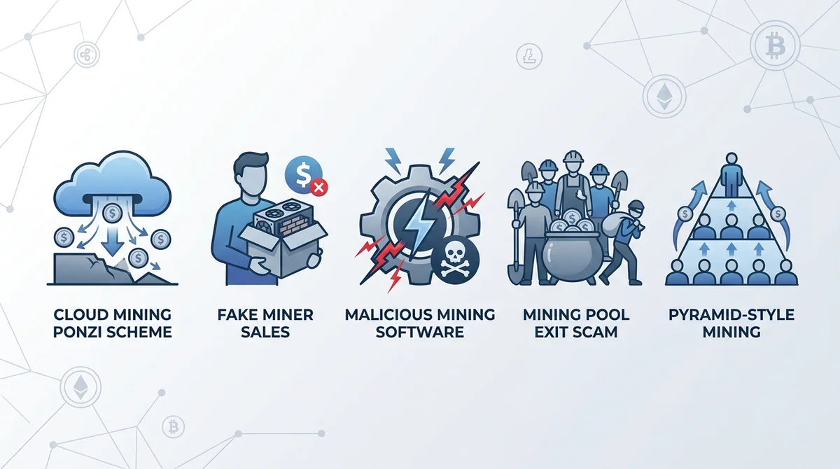 Wide 16:9 horizontal infographic with 5 icons in a row, each representing a mining scam type: cloud mining Ponzi scheme, fake