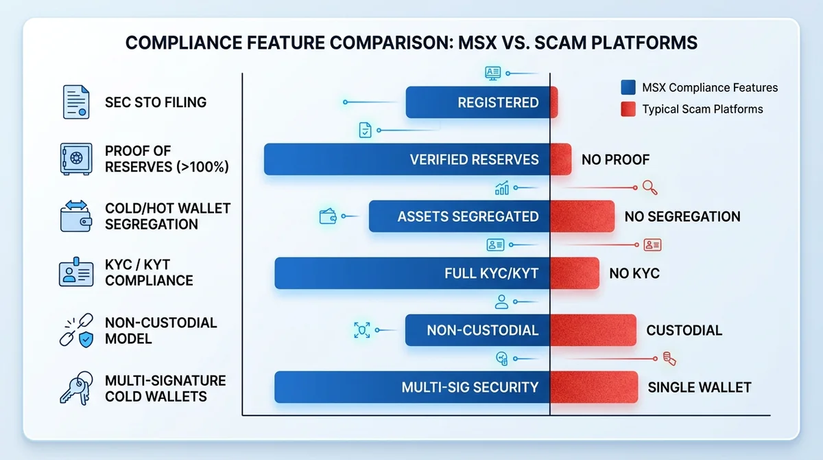Wide 16:9 horizontal bar chart comparing MSX compliance features (SEC STO filing, Proof of Reserves >100%, cold/hot wallet se
