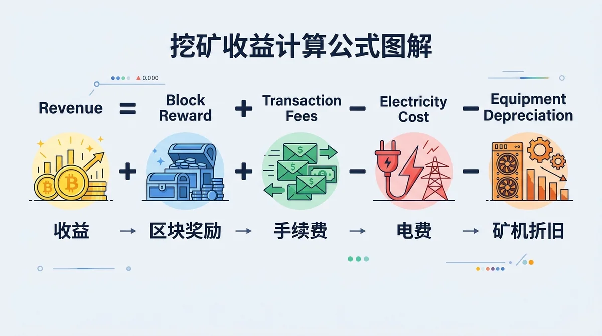 挖矿收益计算公式图解:展示收益 = 区块奖励 + 手续费 - 电费 - 矿机折旧,并用图标表示每个参数