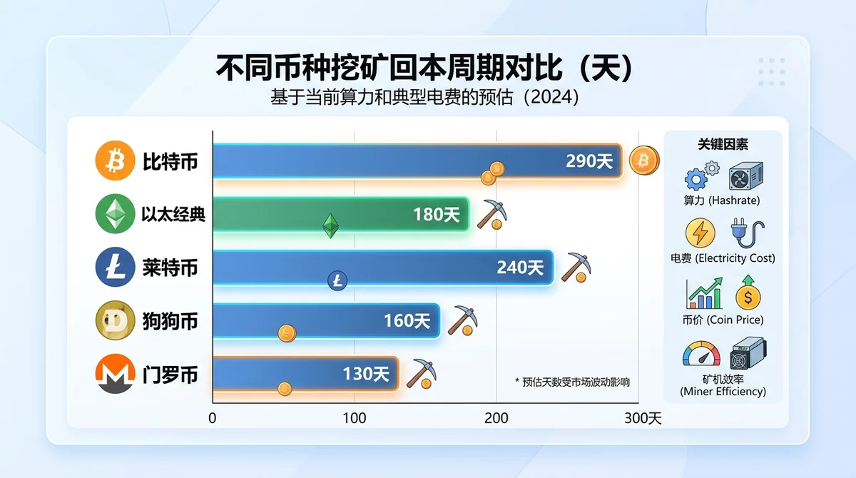不同币种挖矿回本周期对比柱状图:展示比特币、以太坊、莱特币等主流币种在当前算力和电费下的预估回本天数
