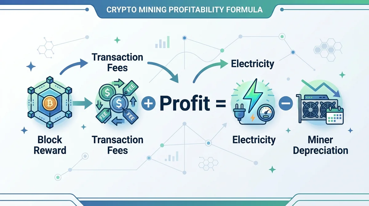 Wide 16:9 horizontal infographic, large formula 'Profit = Block Reward + Transaction Fees - Electricity - Miner Depreciation'