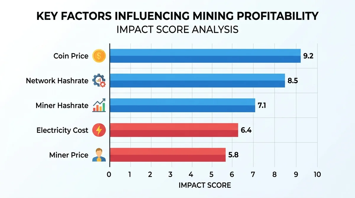 Wide 16:9 horizontal bar chart, five bars labeled 'Coin Price', 'Network Hashrate', 'Miner Hashrate', 'Electricity Cost', 'Mi