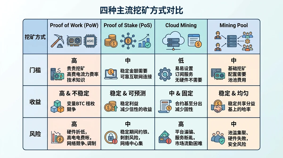 四种主流挖矿方式(PoW、PoS、云算力、矿池)的门槛、收益与风险对比表格
